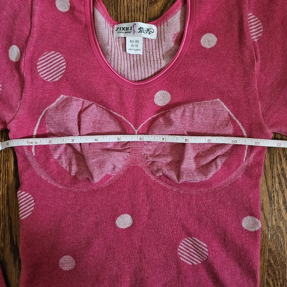 Knit pink long sleeve fitted tee top polka dot Y2k vintage size Small crew neck - Picture 3 of 6